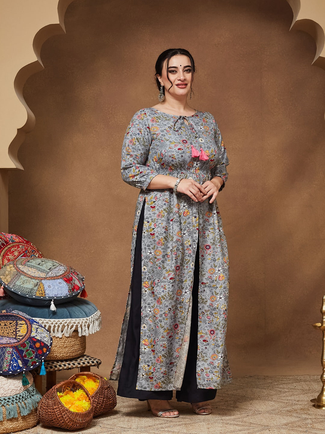 Grey Round neck 3/4th Sleeve Floral Elasticated Maxi Top for Women