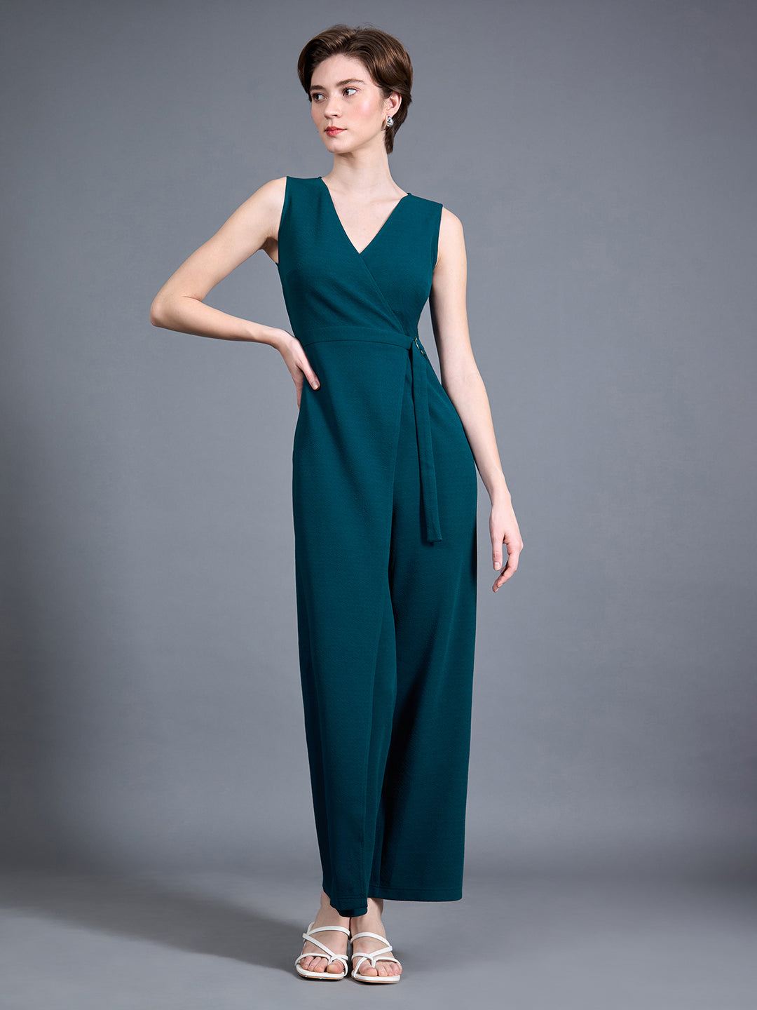 Teal V-Neck Sleeveless Solid Wrap Regular-Length Polyester Jumpsuit for Women