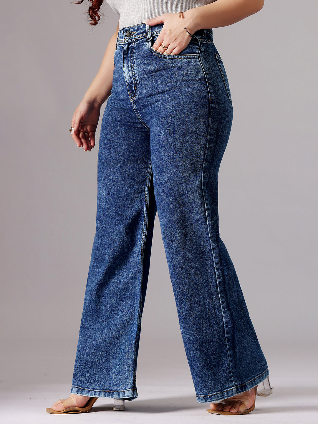 24/7 Comfort Mid-Blue Wide-Leg High-Rise Regular-Length Stretchable Denim Jeans