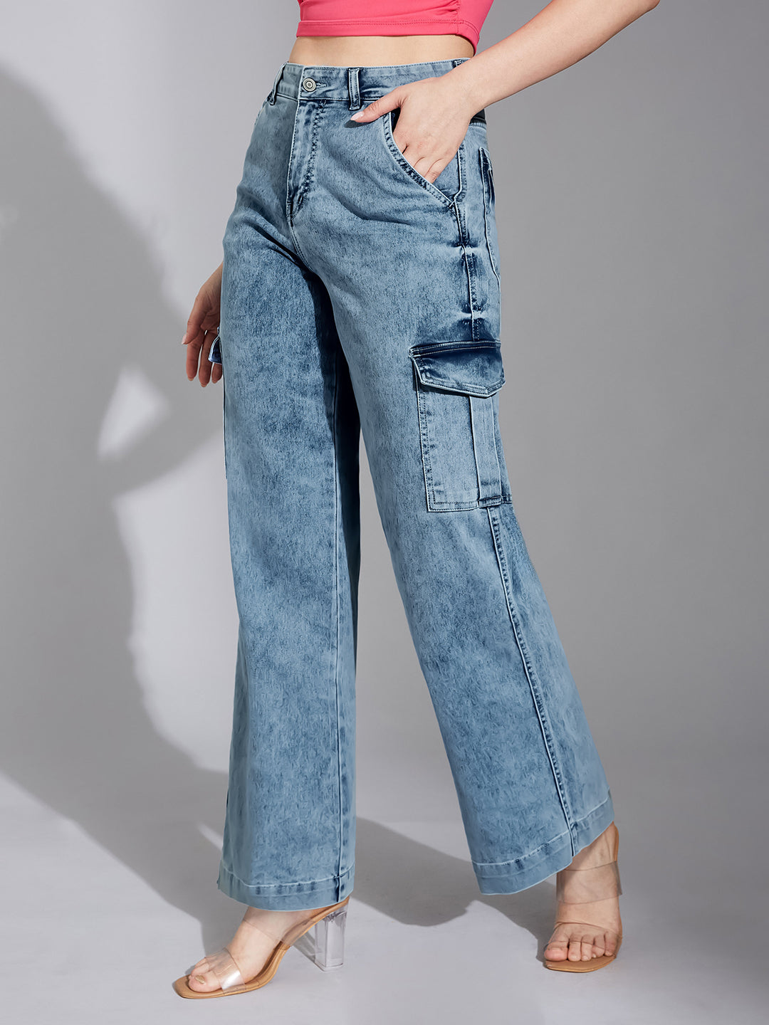 Women's Light Blue Wide-Leg High-Rise Clean-Look Stretchable Flared Cargo Style Denim Jeans