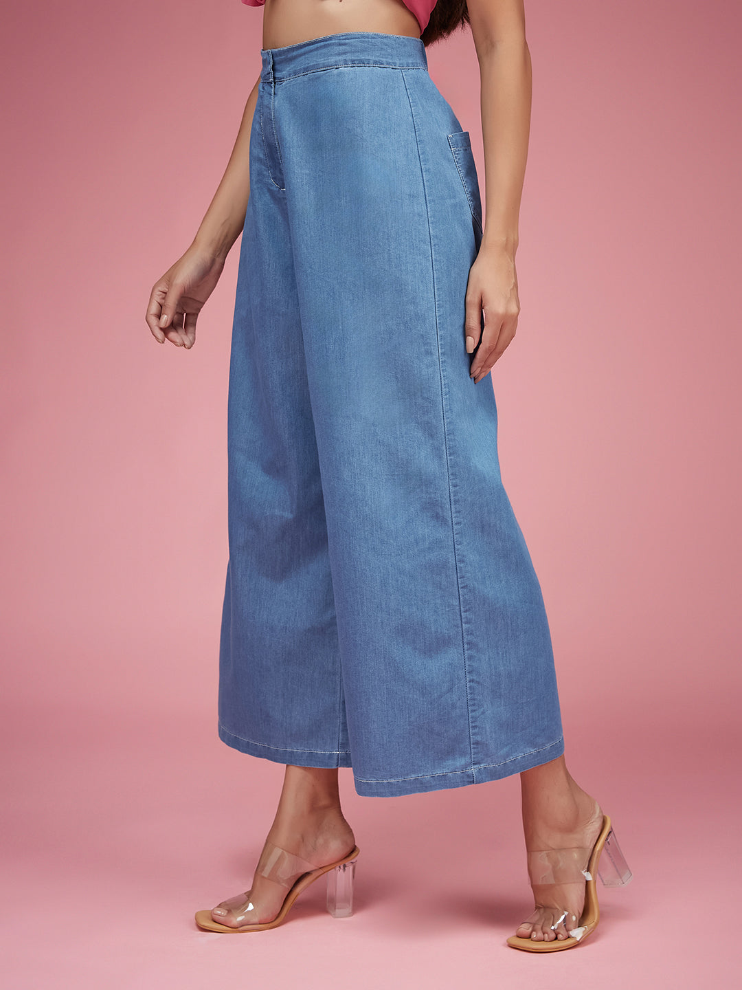 Women's Blue Flared Wide-Leg High-Rise Non Stretchable Light Weight Denim Culottes Pants