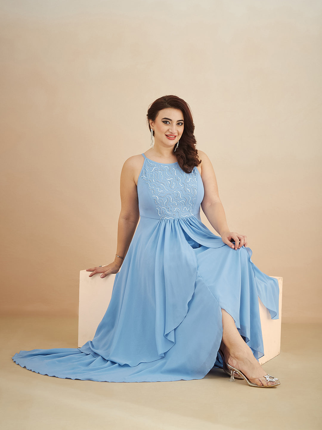 Powder Blue Halter-Neck Sleeveless Embroidered Layered Georgette Maxi Dress for Women