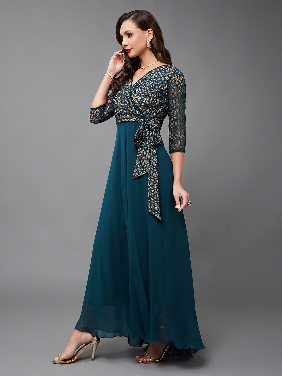 Teal Long Sleeves Fit and Flare Wrap Maxi Dress Long Dress Frock with Lace Belt for Women