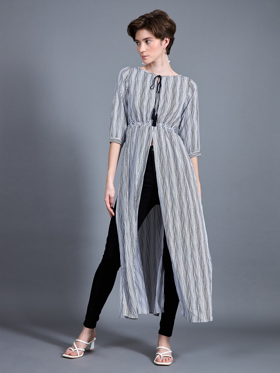 Women's Black & White Round Neck 3/4 Sleeve Striped Tassel Tie-Up Detailing Maxi Top