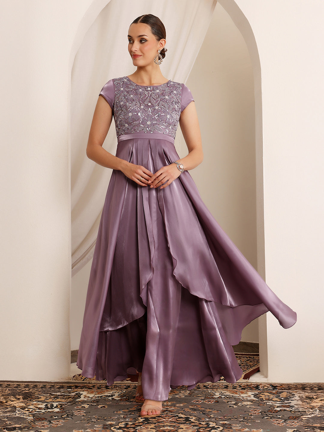 Women's Dusty Purple Round Neck Short Sleeve Embroidered Layered Satin Maxi Dress