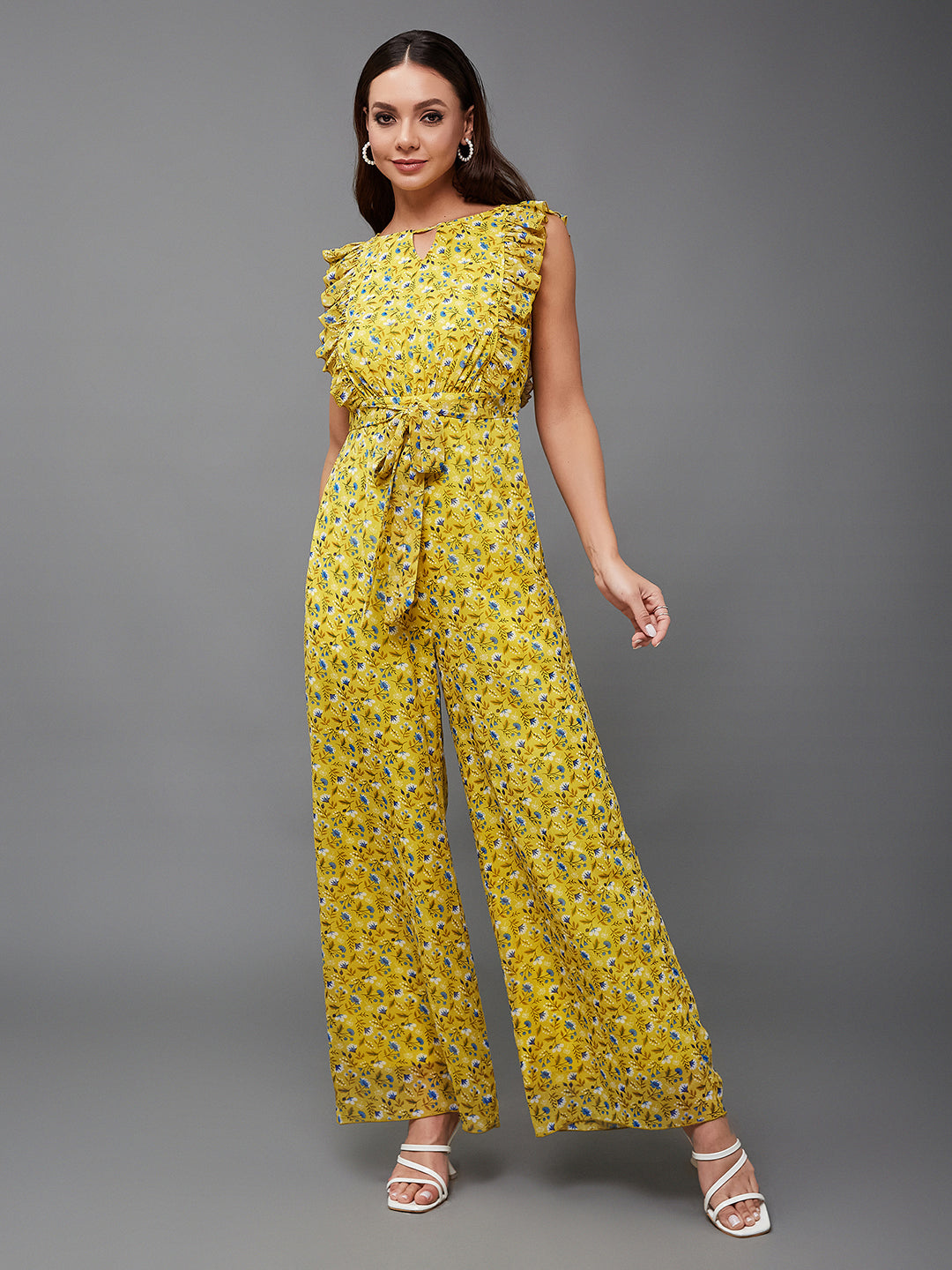 Multicolored-Base-Yellow Round neck Sleeveless Floral Wide-Leg Regular Jumpsuit for Women