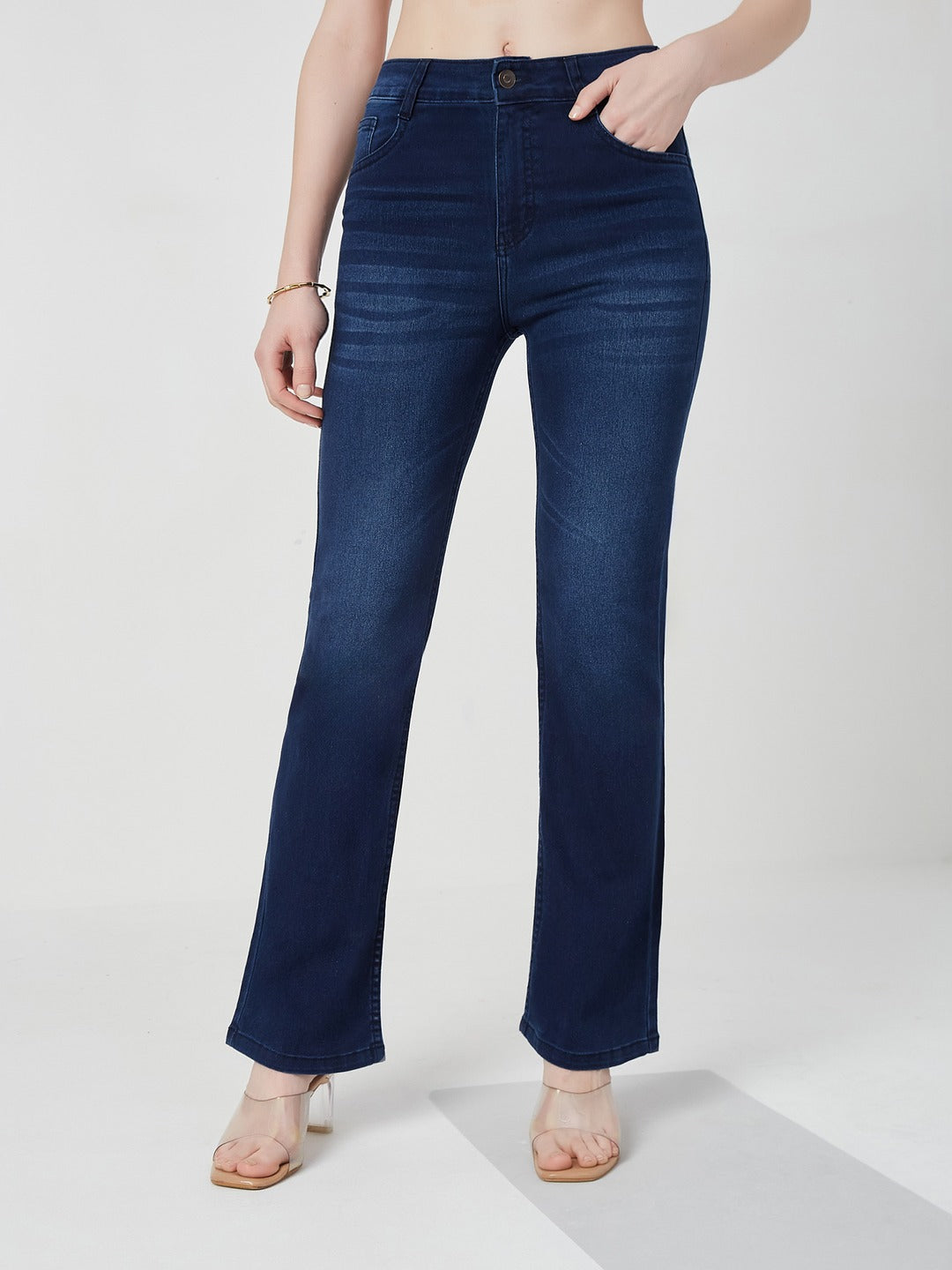 Navy blue Bootcut Mid rise Regular Stretchable Denim Jeans for Women