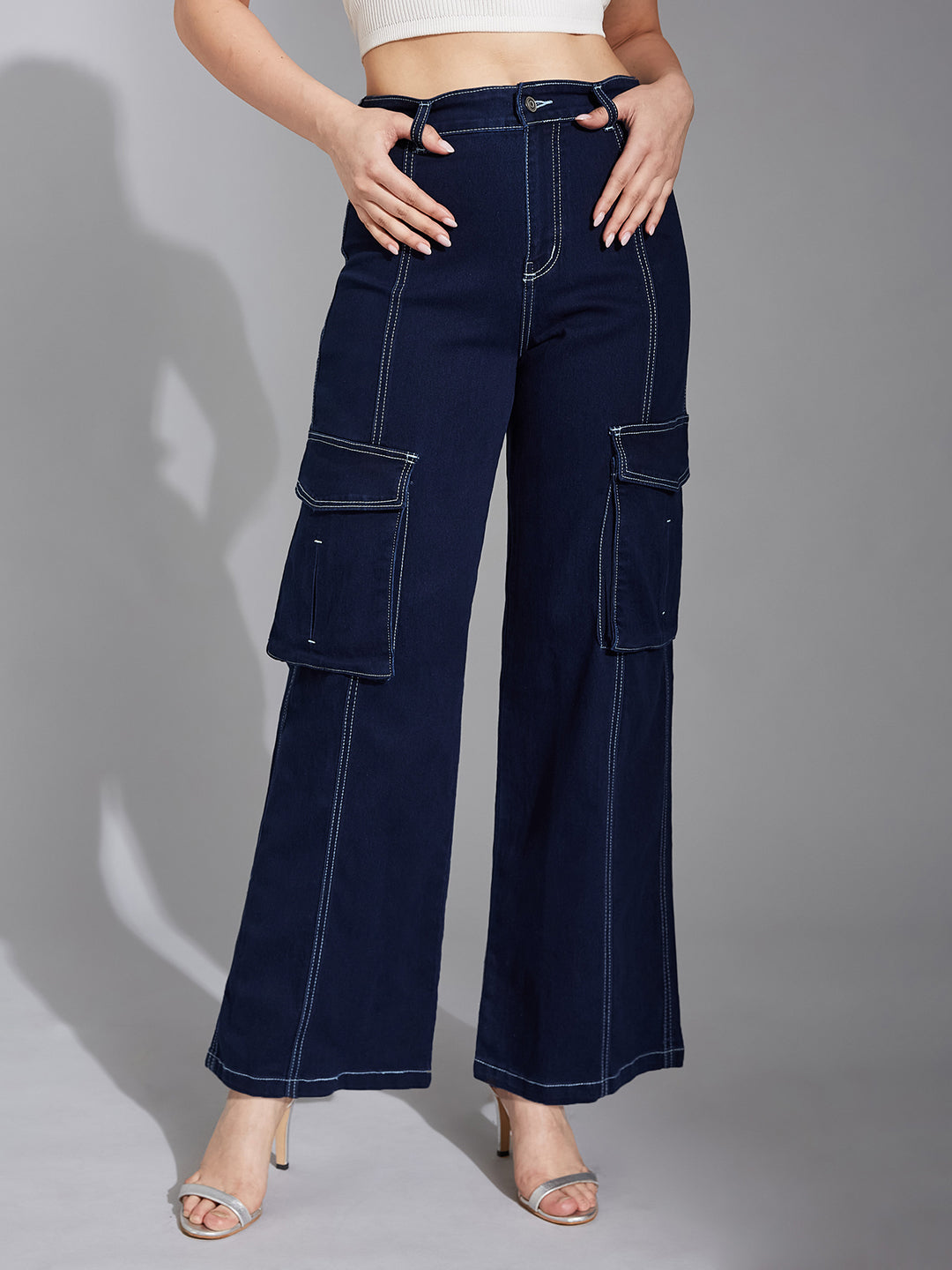 Women's Navy Blue Wide-Leg High-Rise Clean-Look Regular Stretchable Denim Jeans