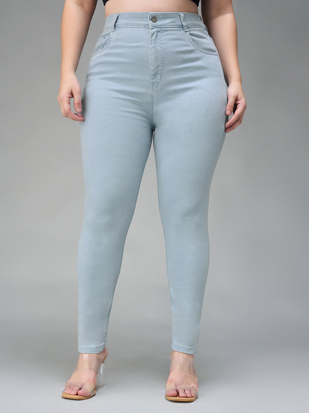 24/7 Comfort Light Blue Skinny Fringed Hemline Detailing High-Rise Cropped Solid Stretchable Denim Jeans