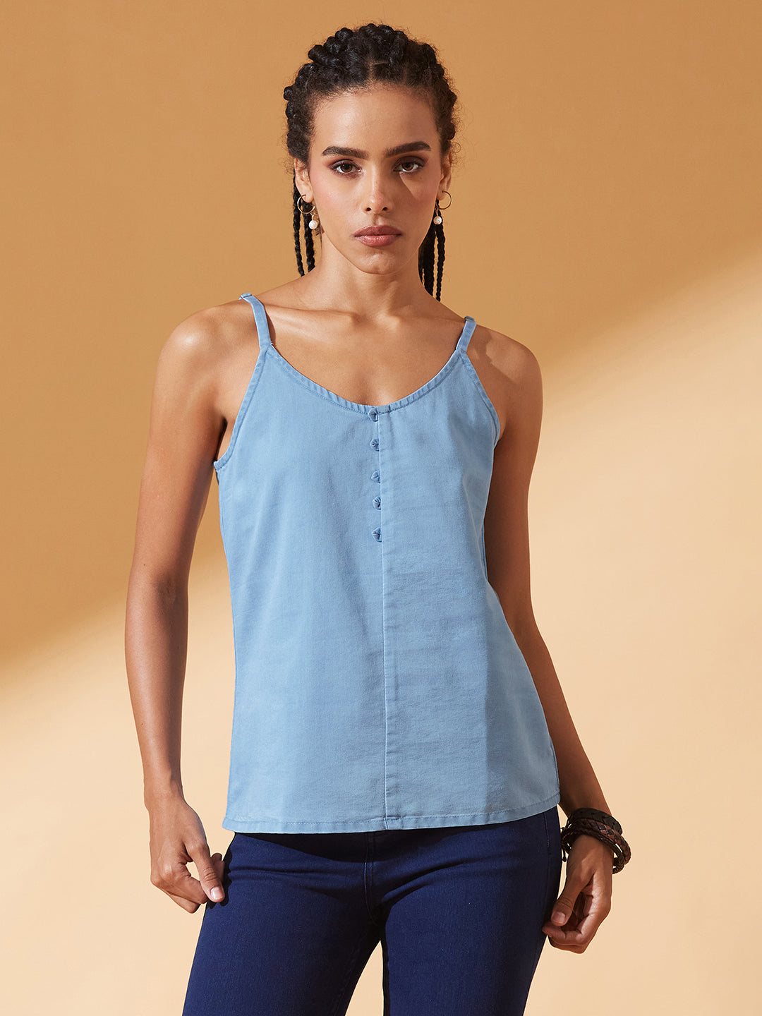 Light-Blue V Neck Sleeveless Cotton Solid Denim Spaghetti Top for Women