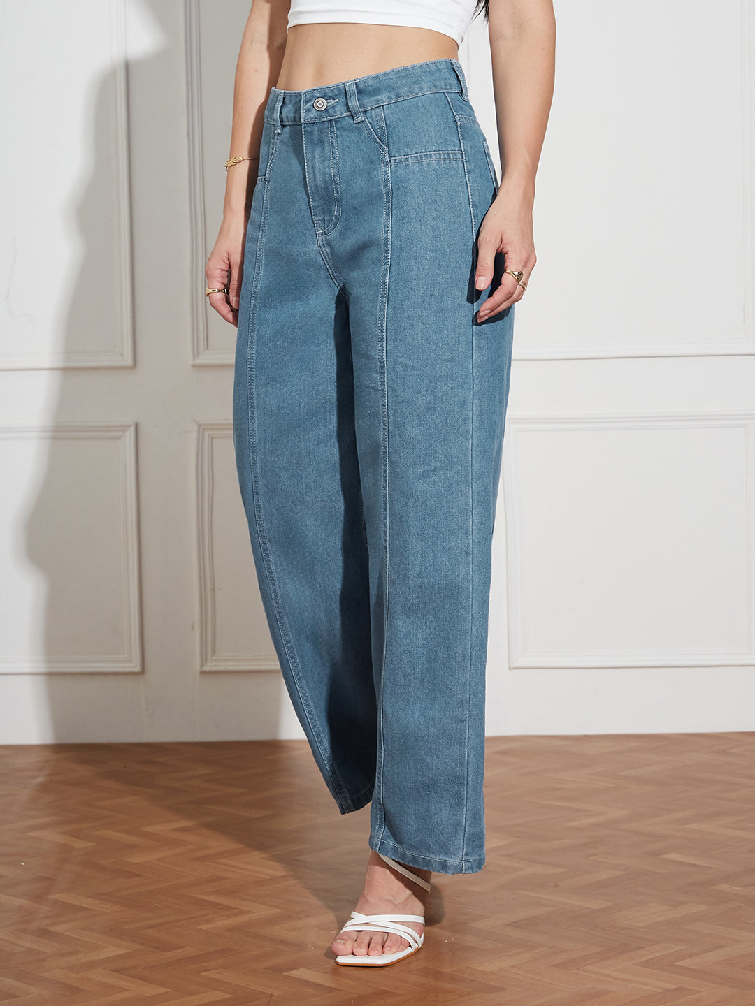 Blue Wide-Leg High-Rise Denim Jeans For Women