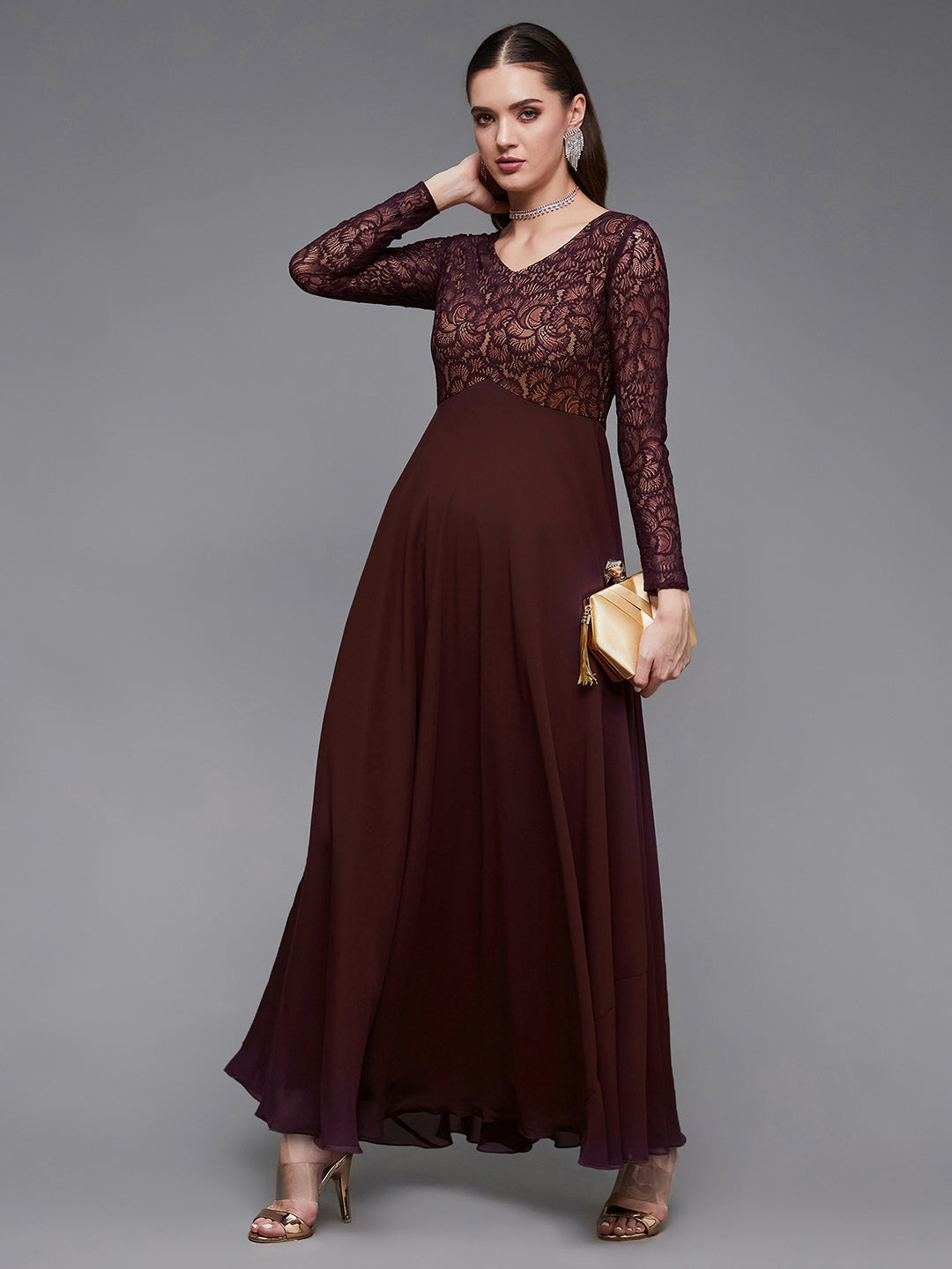 Wine Full Sleeves Lace Fit and Flare Maxi Dress Long Dress Frock for Women