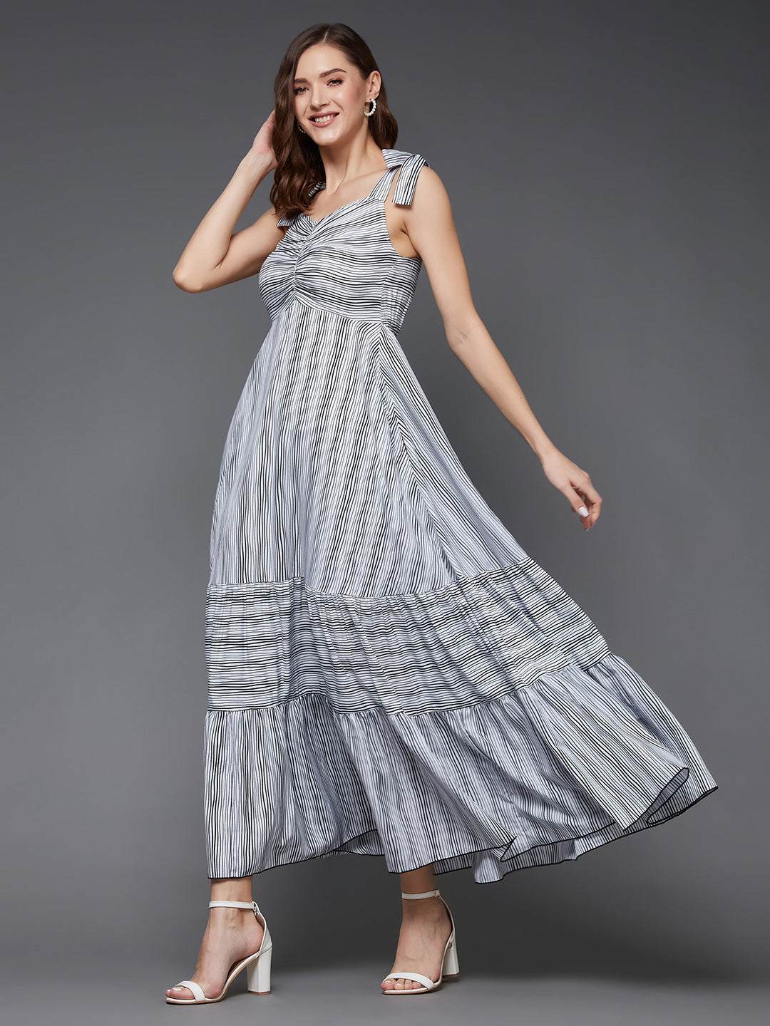 Black & White Sleeveless Tiered Maxi Dress Long Dress Frock