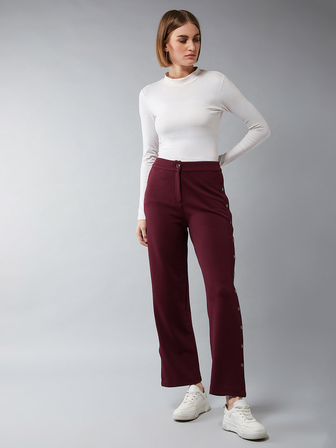 Women's Wine Red Solid Regular Fit Flared Trouser
