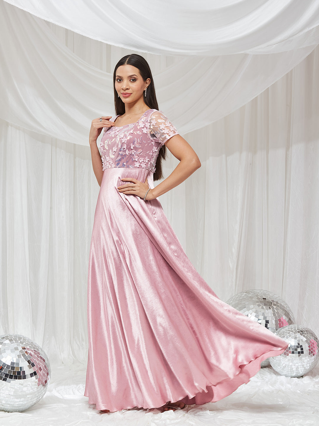 Light Pink Sweetheart Neck Half Sleeve Embellished Embellished Maxi Satin Dress for Women
