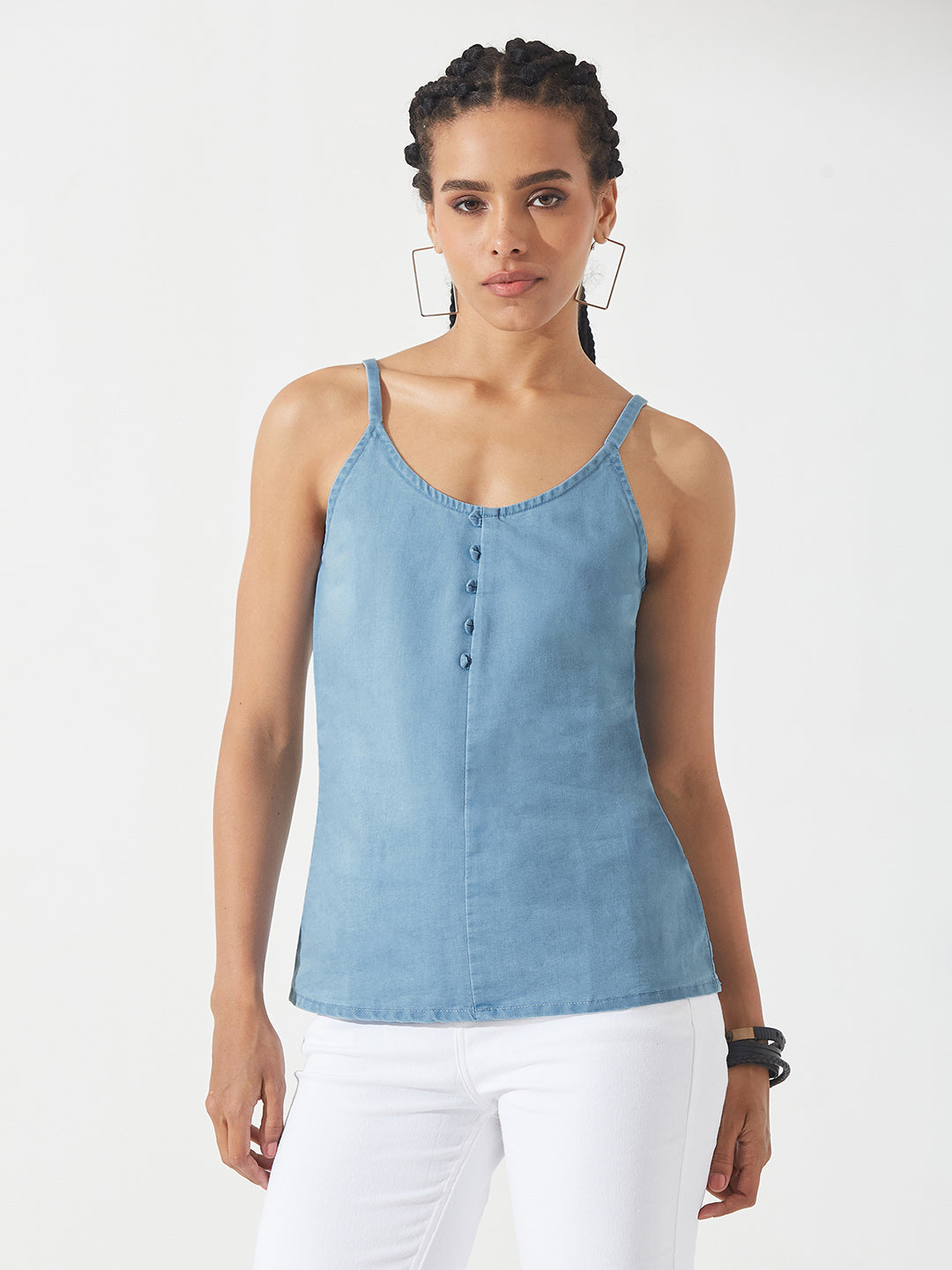 Light-Blue V Neck Sleeveless Cotton Solid Denim Spaghetti Top for Women