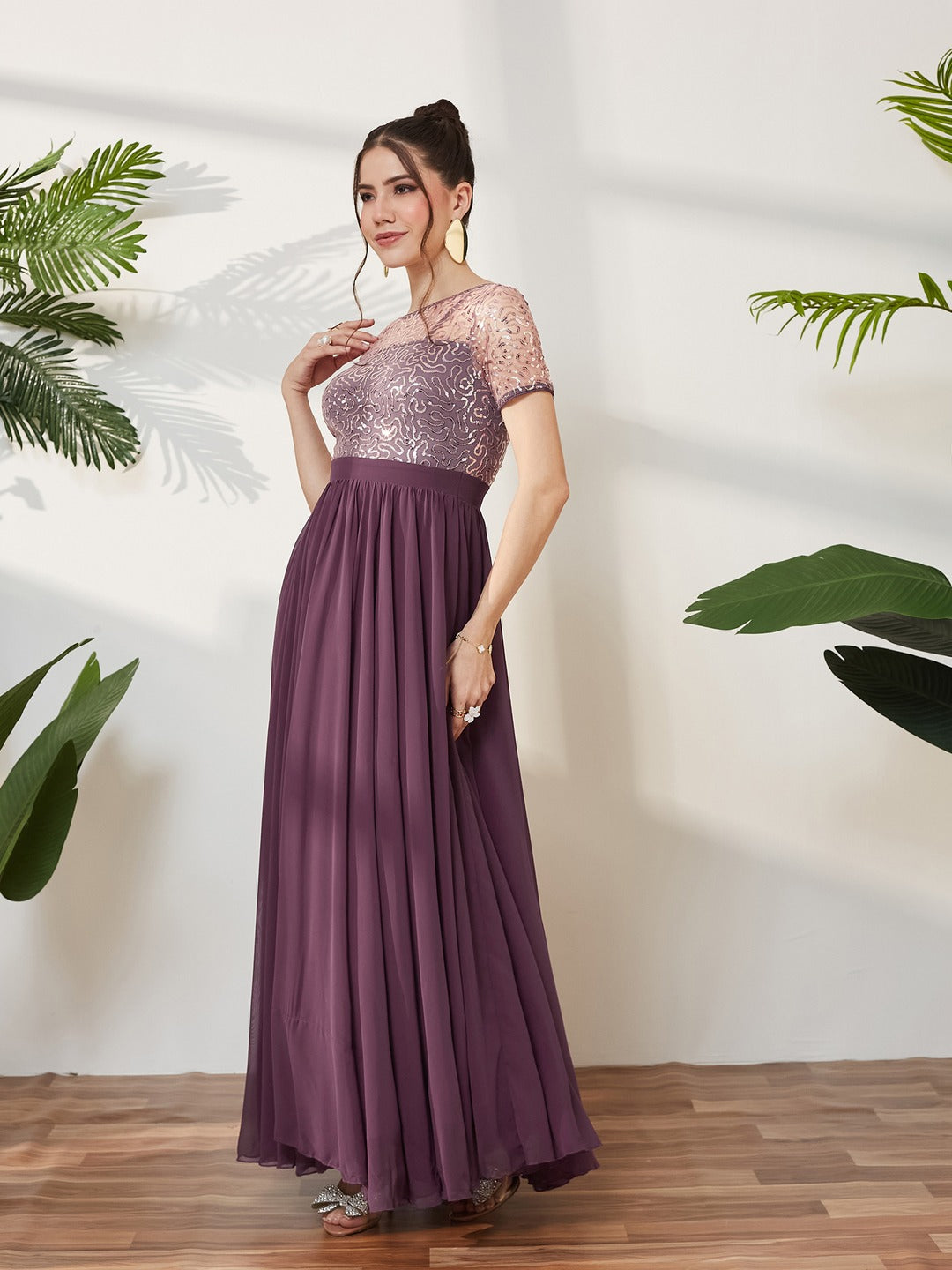 Mauve Relaxed Fit Maxi Georgette & Sequins Dress for Women
