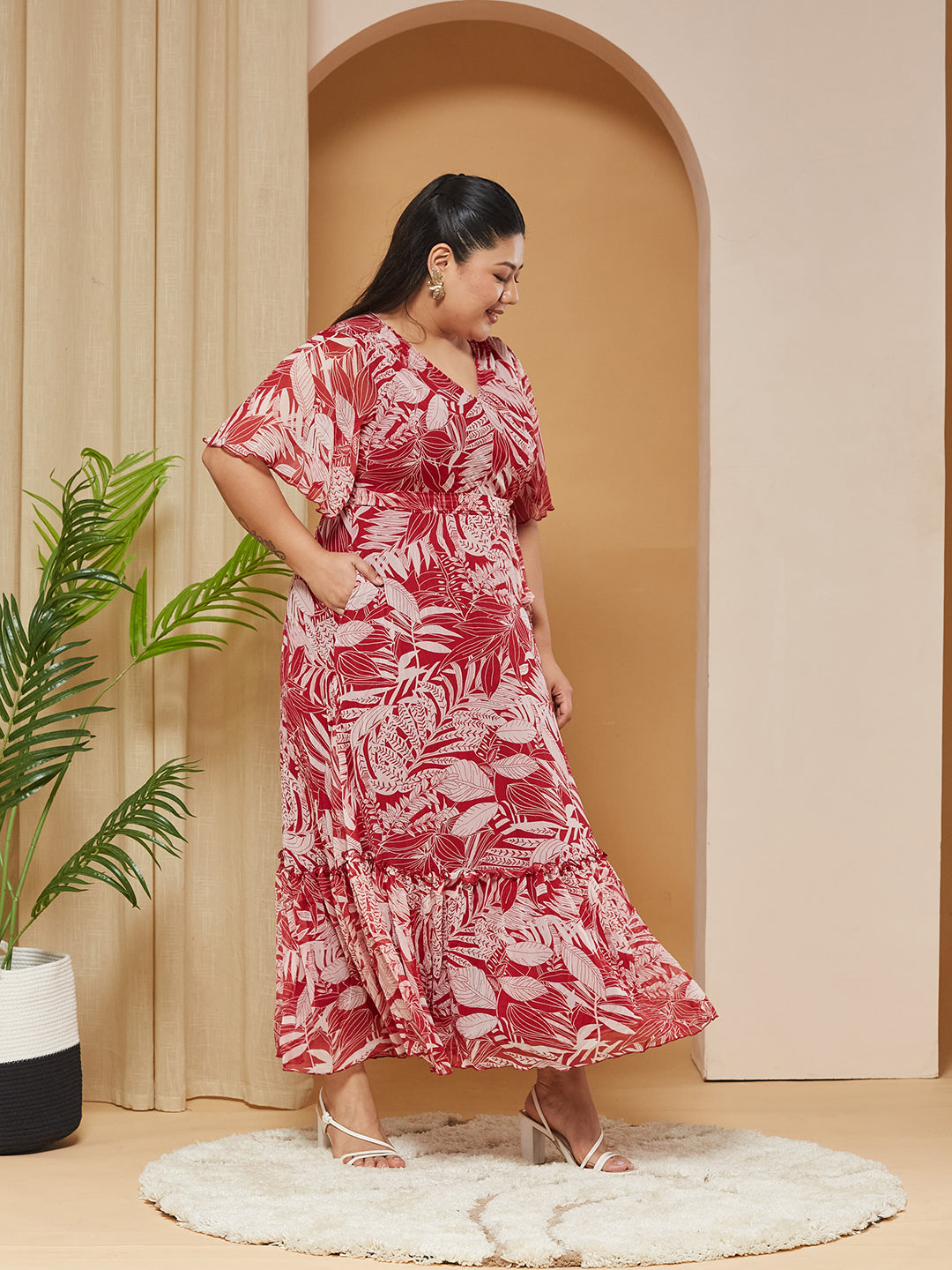 Multicolored-Base-Maroon V-Neck Flared-Sleeves Floral Wrap Maxi Dress for Women