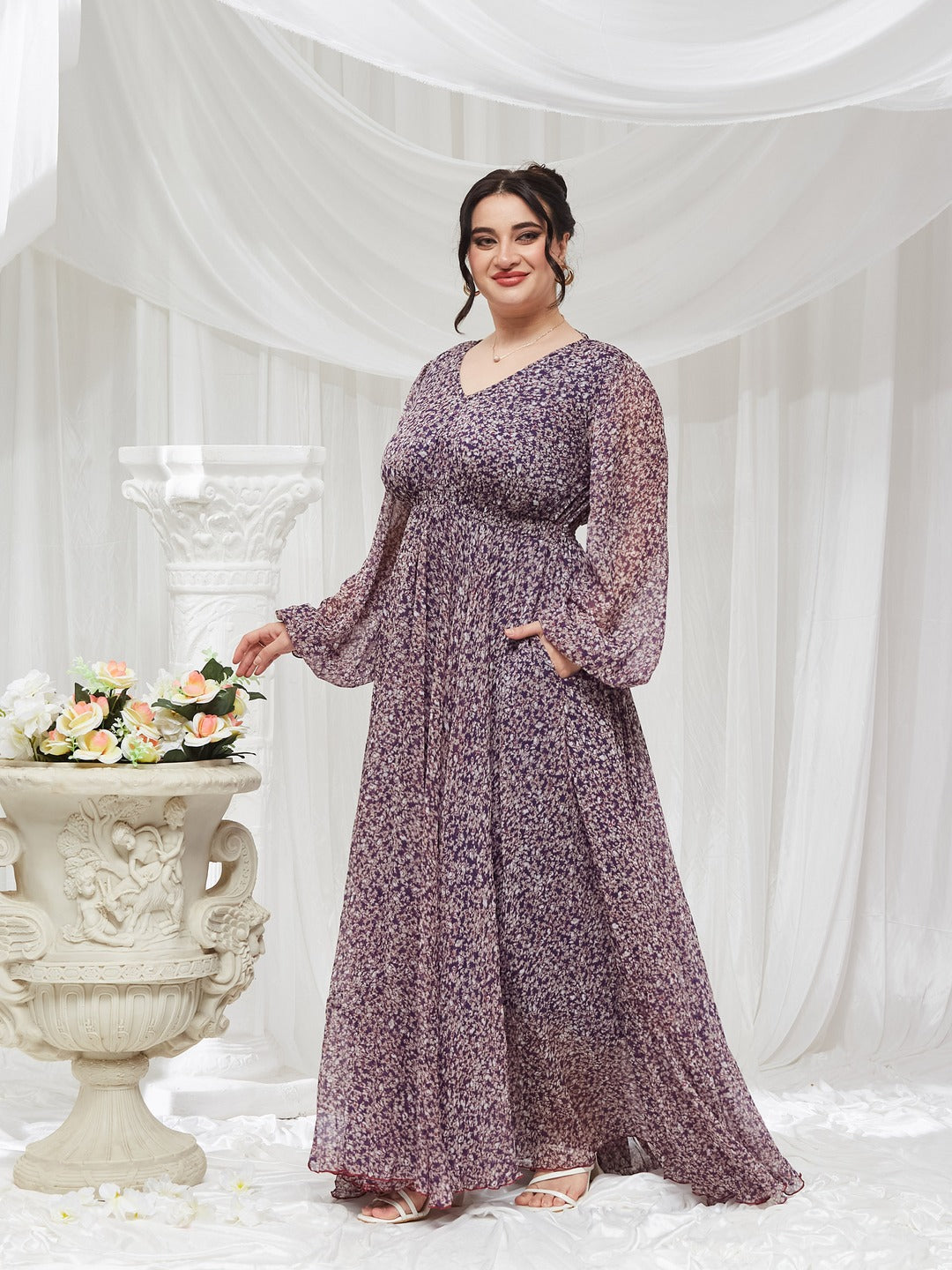 Purple V-Neck Bishop Sleeve Floral Gathered Chiffon Maxi Dress for Women