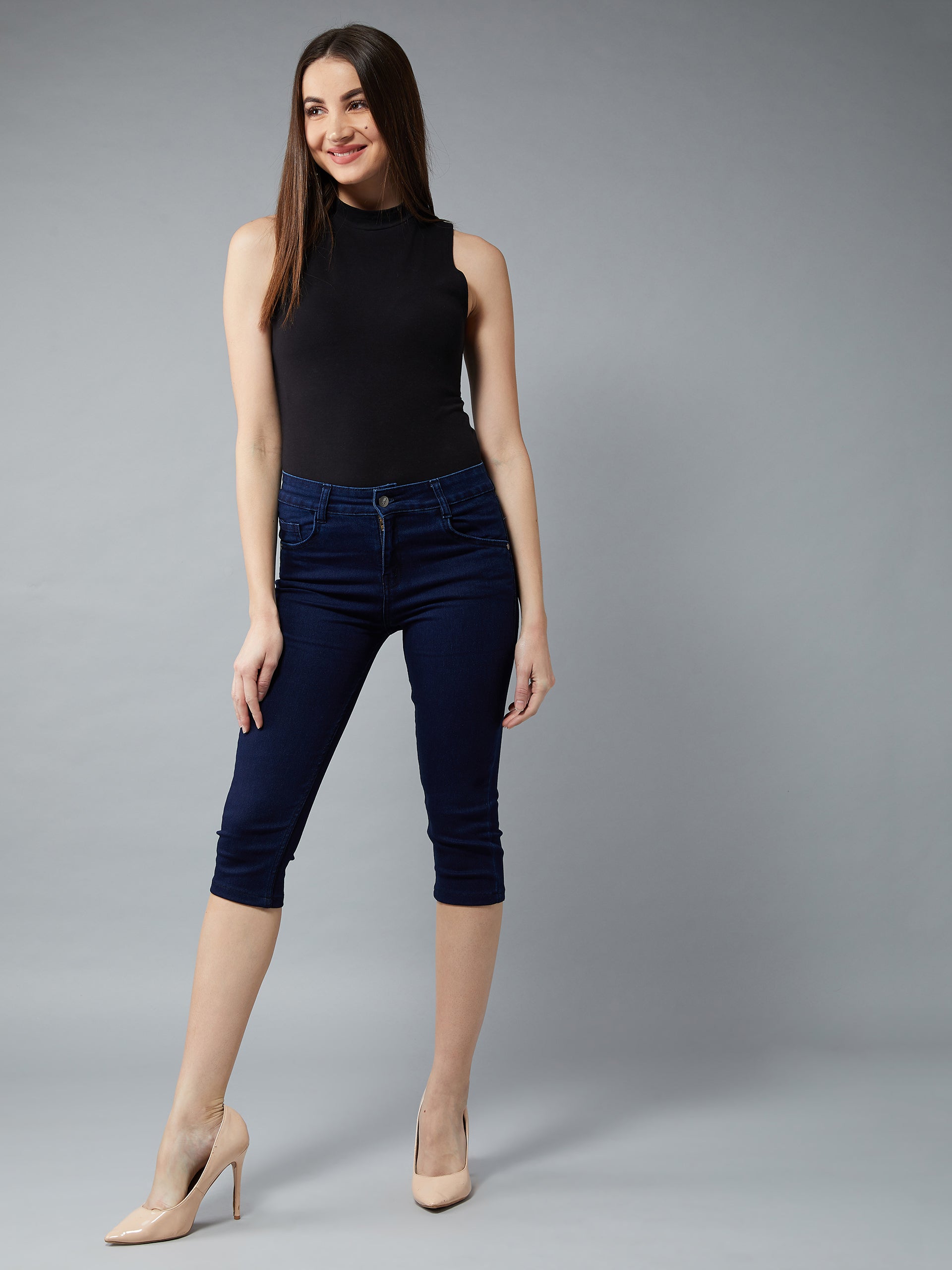 CHASEstretch™ Women's Navy-Blue Skinny-Fit High-Rise Cropped-Length Clean-Look Denim Stretchable Capri Jeans