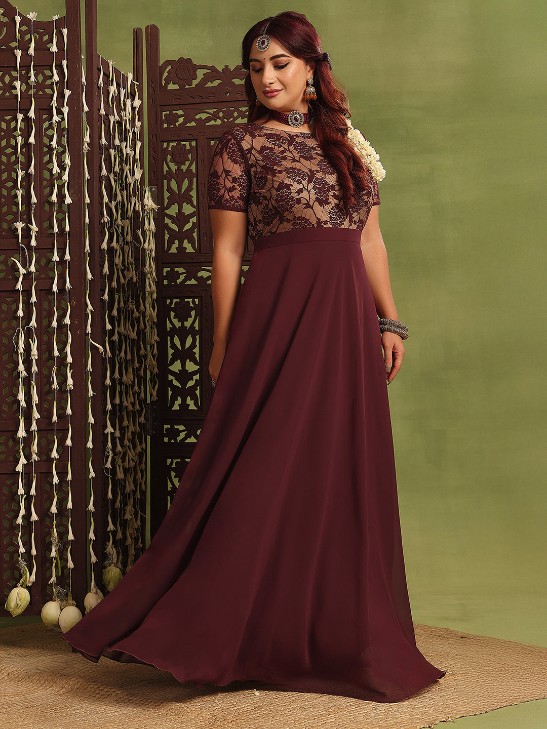 Women's Wine & Beige Relaxed-Fit Georgette Dress