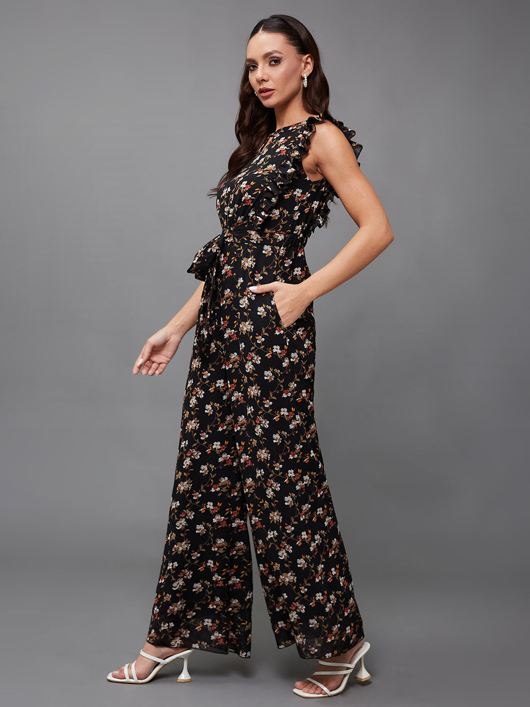 Women's Multicolored-Base-Black Round neck Sleeveless Floral Wide-Leg Regular Jumpsuit