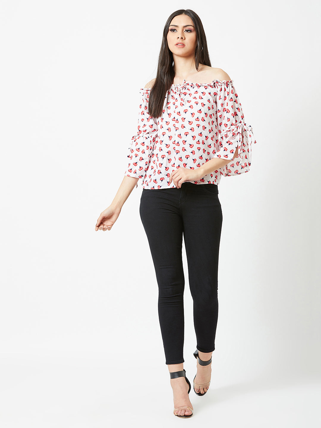Women's Multicolored Gathered Printed Off-Shoulder 3/4 Sleeve Printed Boxy Bardot Top