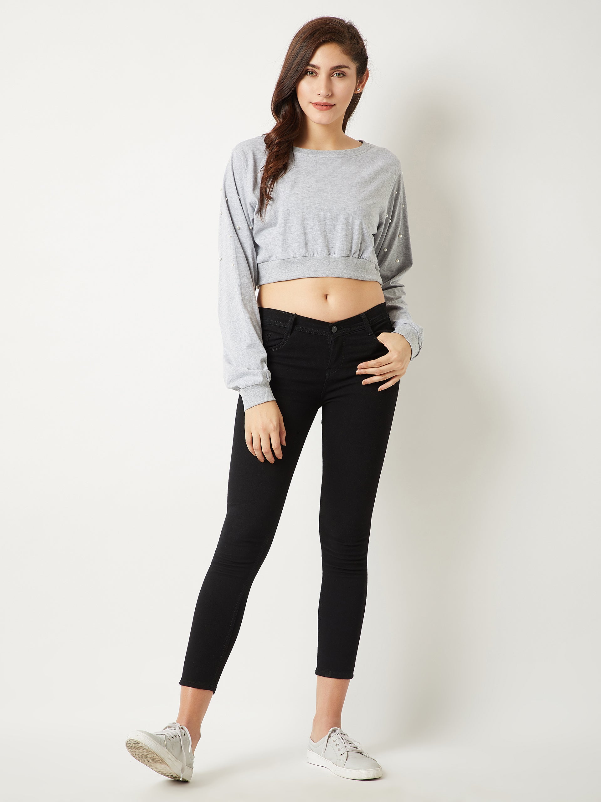 Women's Grey Round Neck Full Sleeve Cotton Solid Pearl Detailing Boxy Crop Top