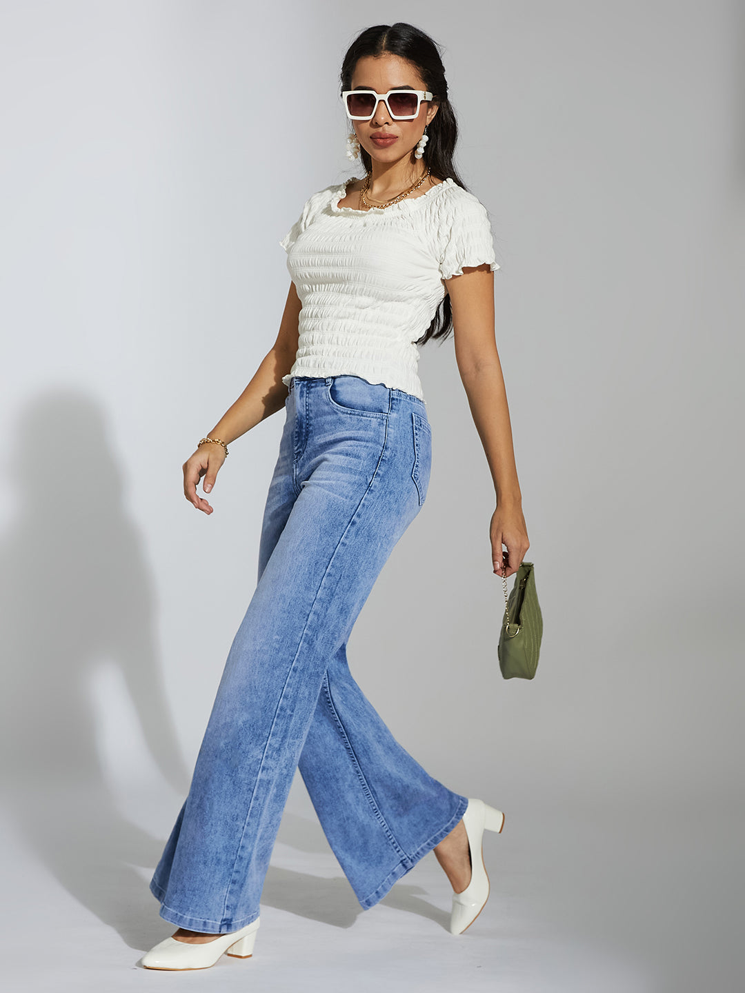 Women's Light Blue Wide-Leg High-Rise Clean-Look Regular-Length Stretchable Shaping Denim Jeans