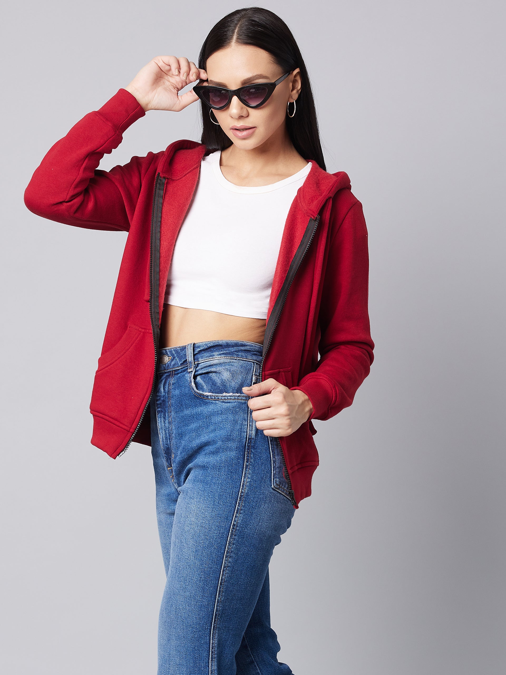 Women's Maroon Round Neck Full Sleeve Solid Hooded Regular Sweatshirt