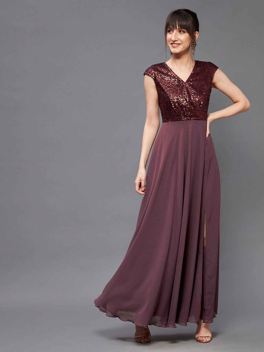 Women's Mauve & Wine V-Neck Sleeveless Embellished Wrap Maxi Dress