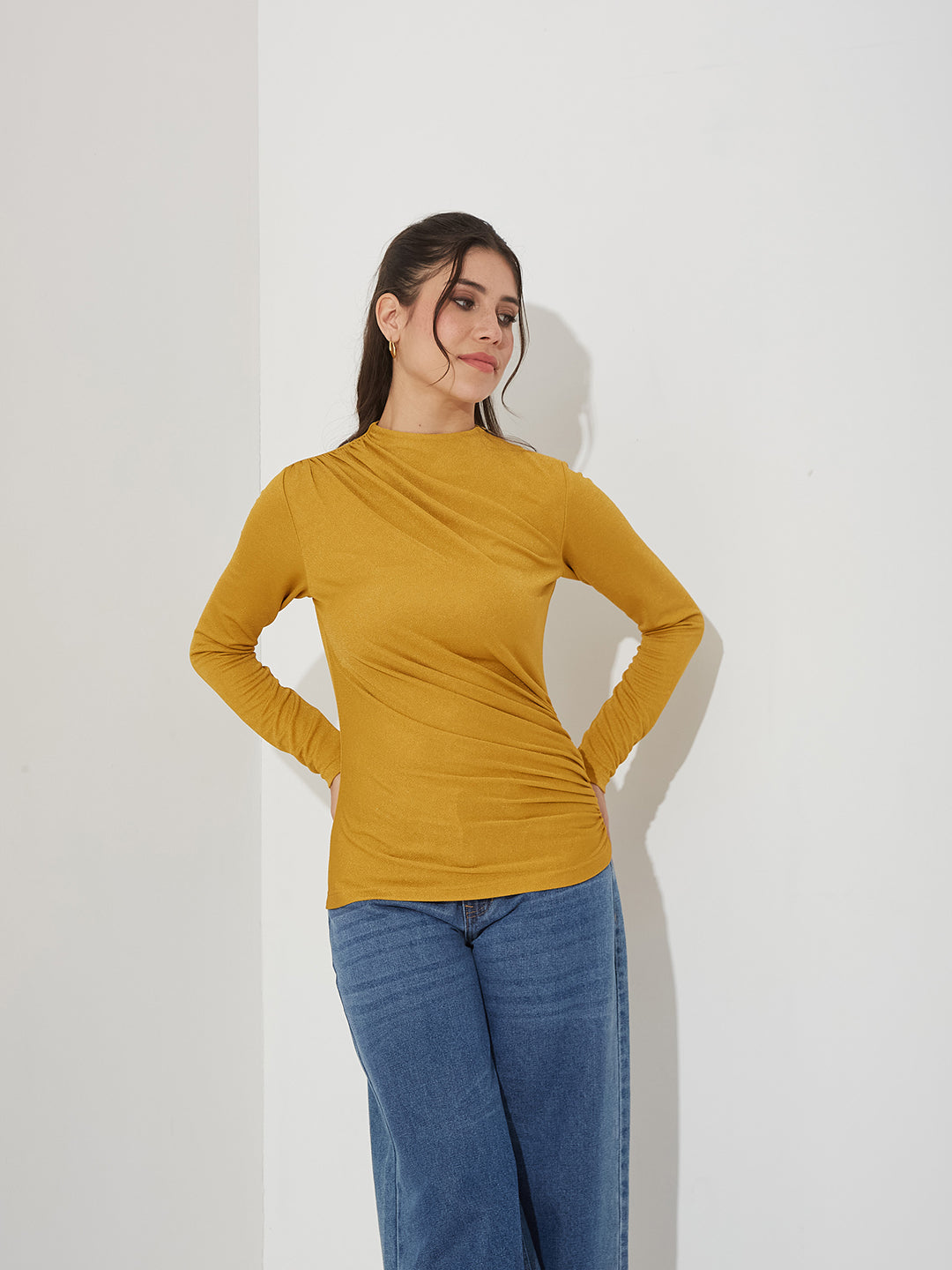Golden Draped Polo Neck Full Sleeve Polyester Top for Women