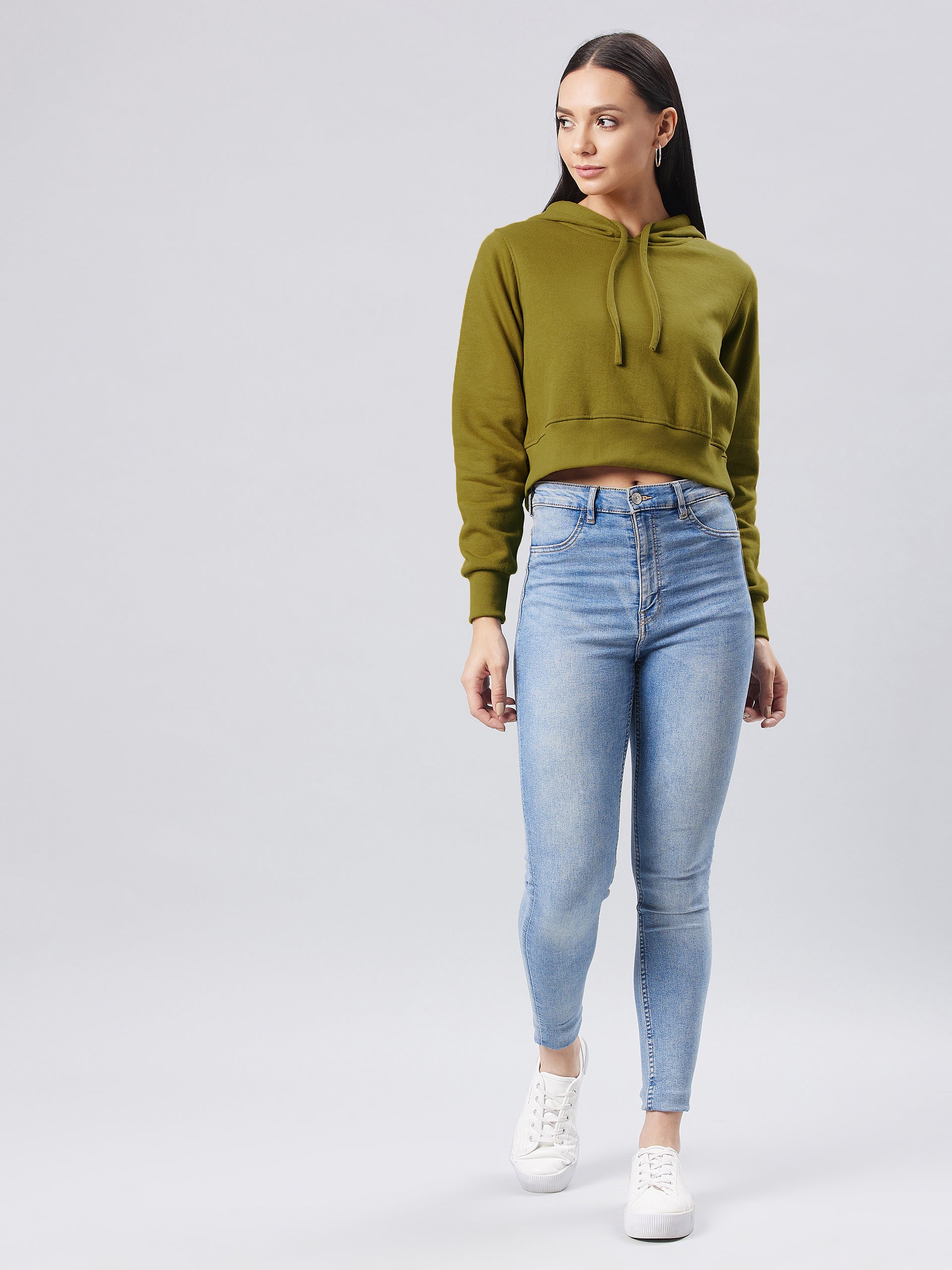Women's Olive Round Neck Full Sleeve Solid Hooded Crop Sweatshirt