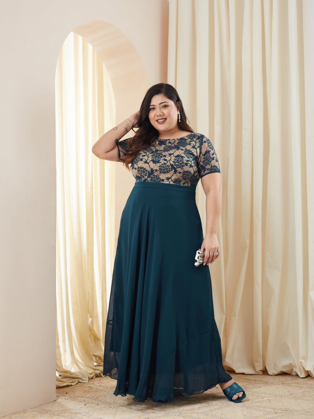 Teal Round Neck Half Sleeve Self Design Fit & Flare Georgette Maxi Dress for Women