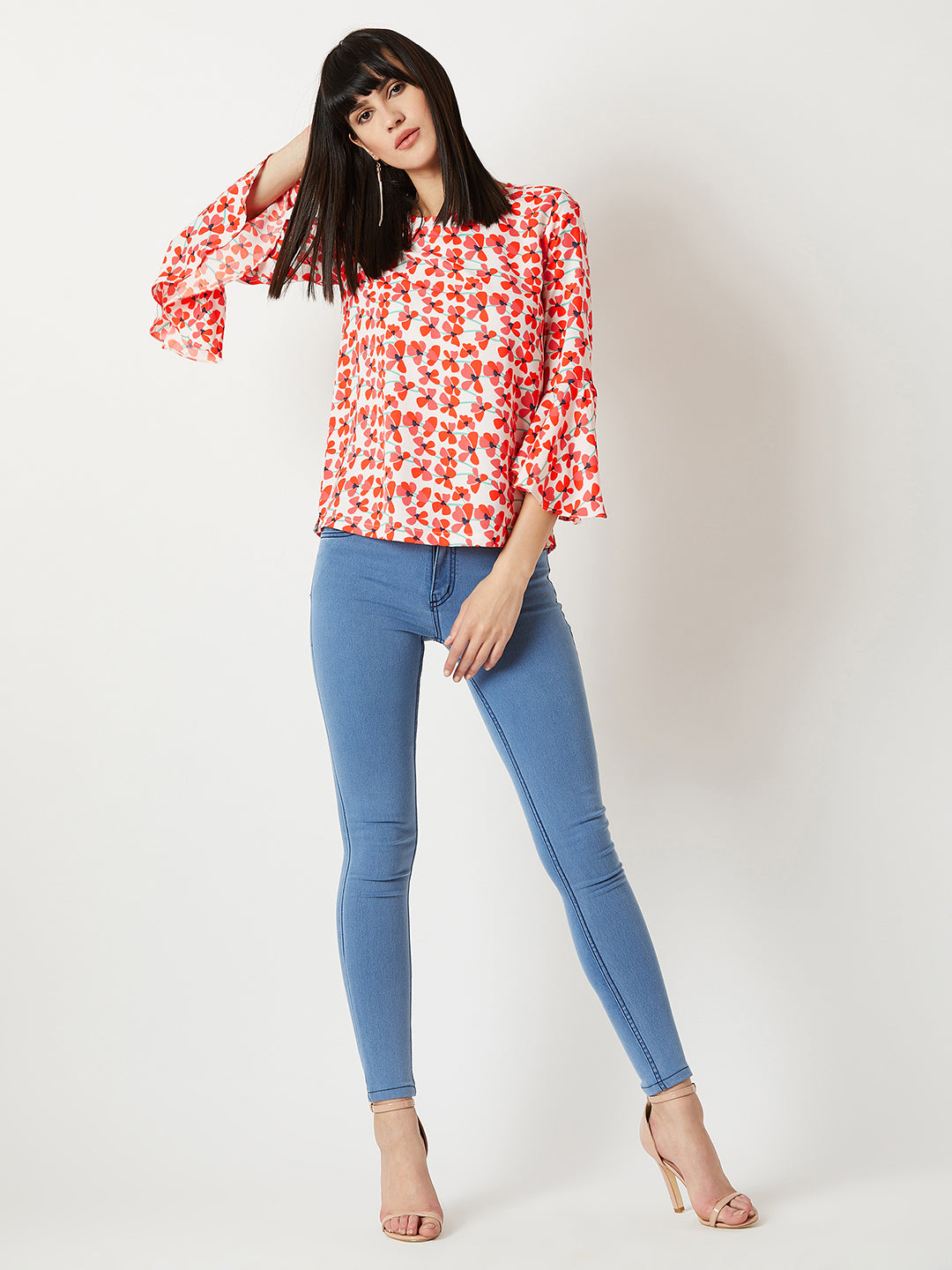 Women's Multicolored With A White Base Round Neck 3/4 Sleeve Ruffled Floral Top