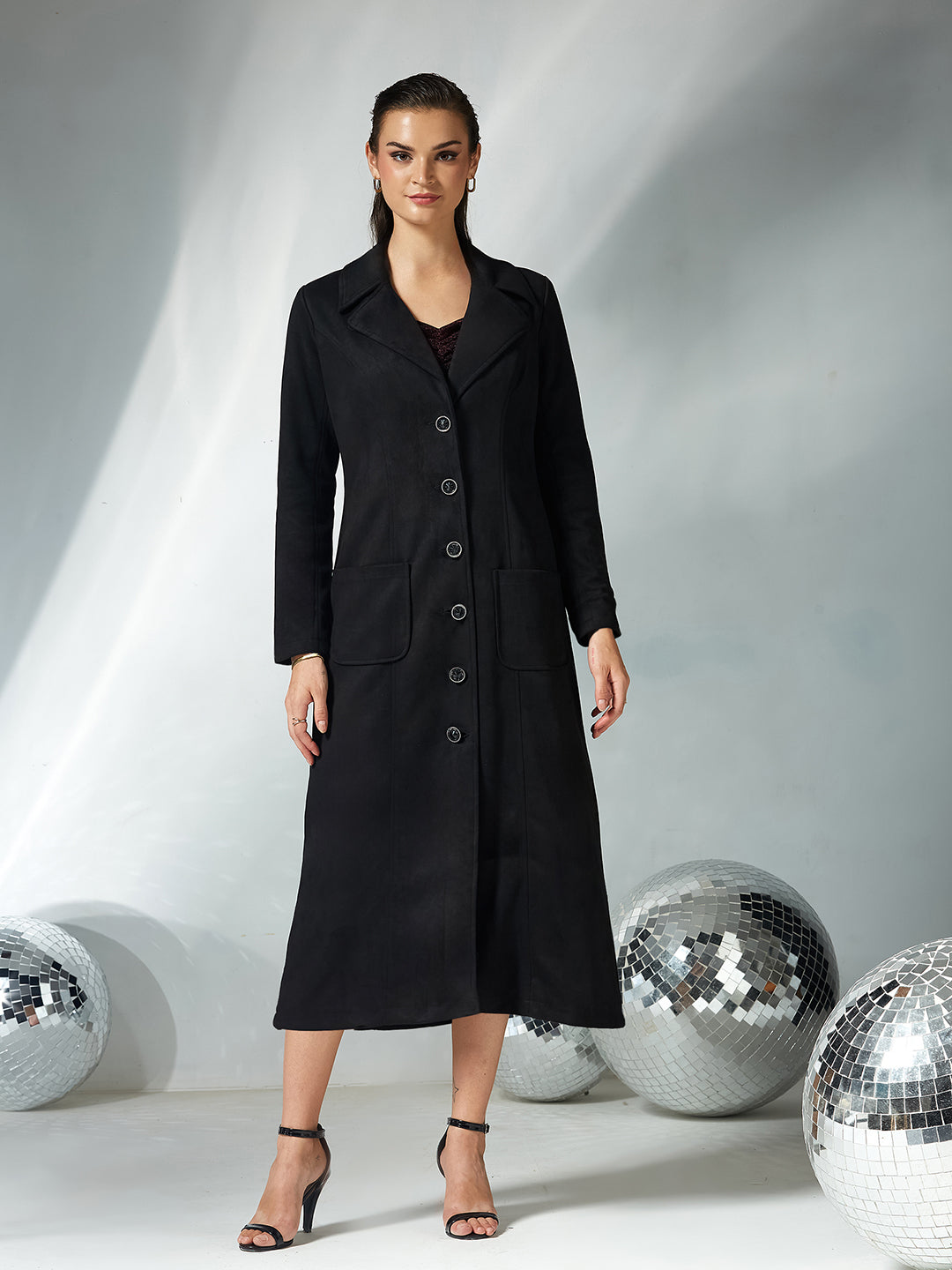 Women's Black Solid V-Neck Full Sleeves Patched Pocketed Polyester Button Down Longline Winter Wear Jacket