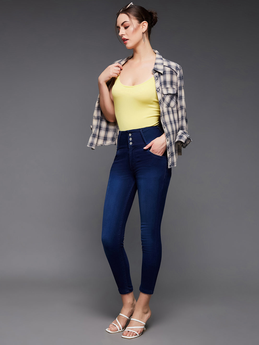 Women's Navy-Blue Skinny-Fit High-Rise Cropped-Length Stretchable Denim Jeans