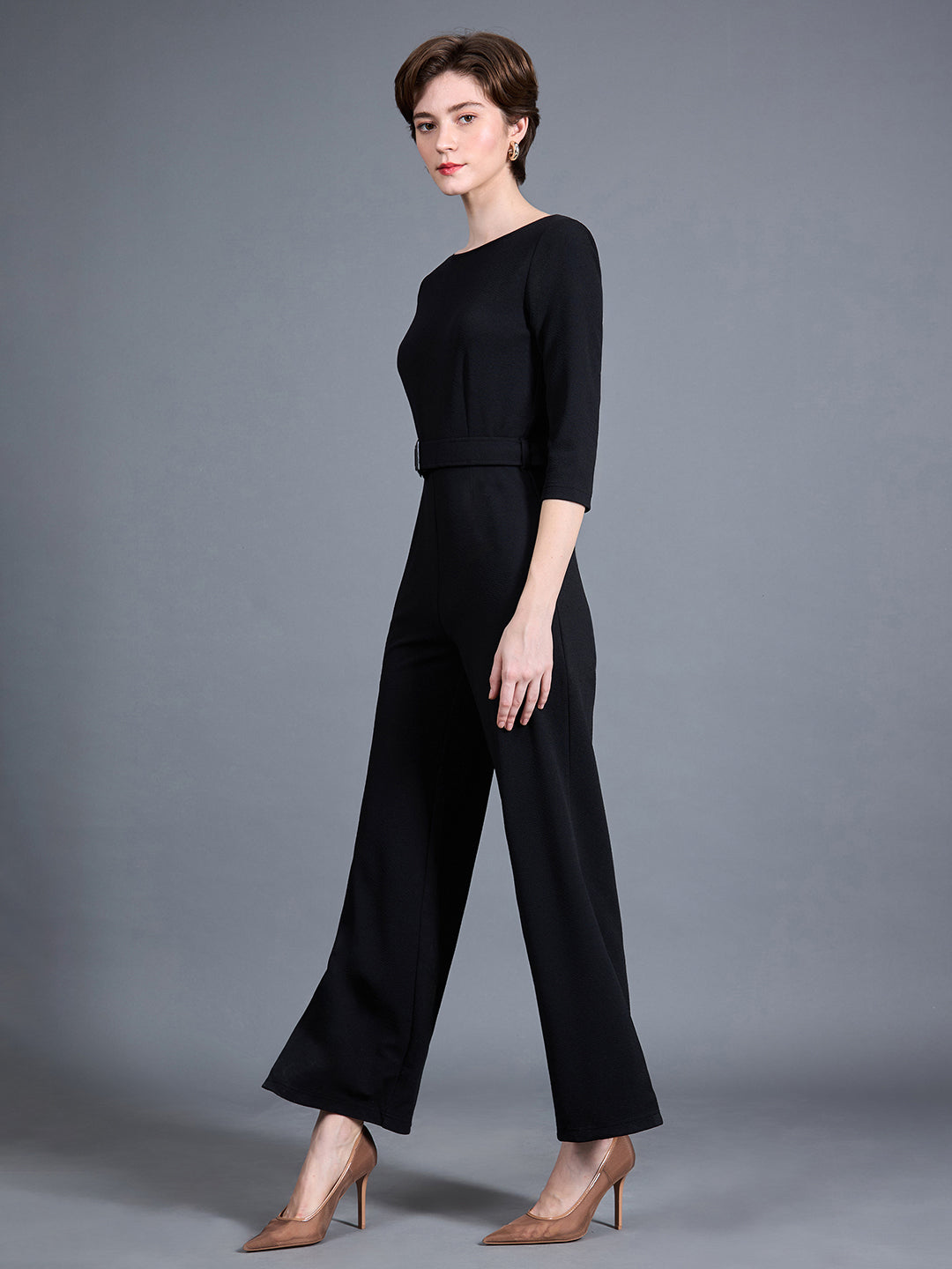 Women's Black Round Neck 3/4 Sleeve Solid Belted Wide-Leg Side Slit Maxi Jumpsuit