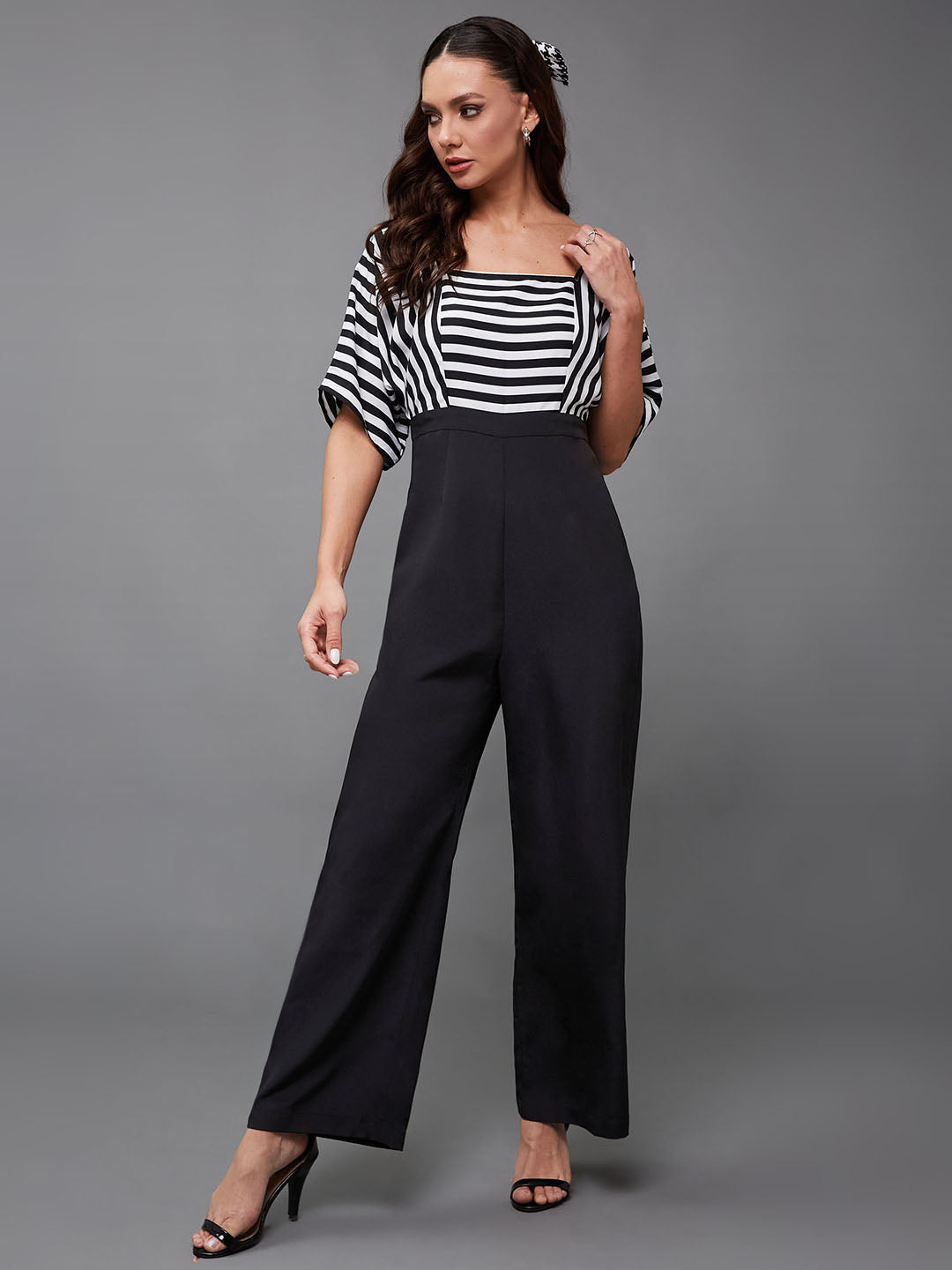 Women's Black & White Square Neck Half Sleeve Striped Back Tie-Up Regular Jumpsuit