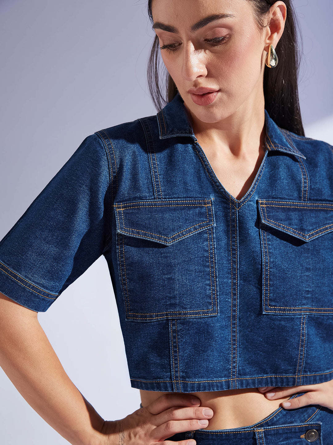 Women's Blue Denim V-Neck Cropped Top & Mini Skorts Co-Ord Set