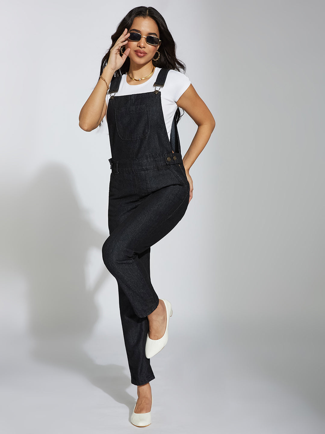 Women's Black High-Rise Clean-Look Regular Stretchable Skinny Denim Dungaree