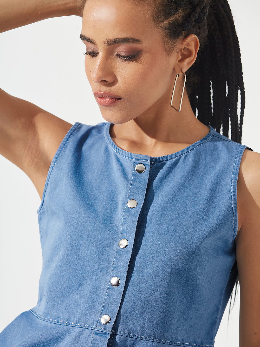 Blue Round Neck Sleeveless Denim Front Open Solid Hooded Peplum Top for Women
