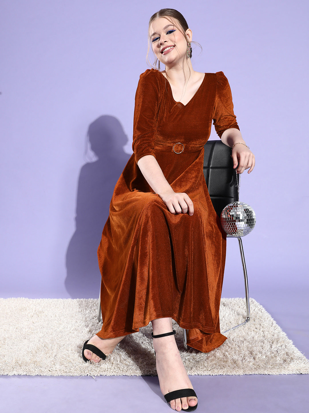 Rust V-Neck Three-Quarter Sleeve Solid Fit & Flare Midi Velvet Dress for Women