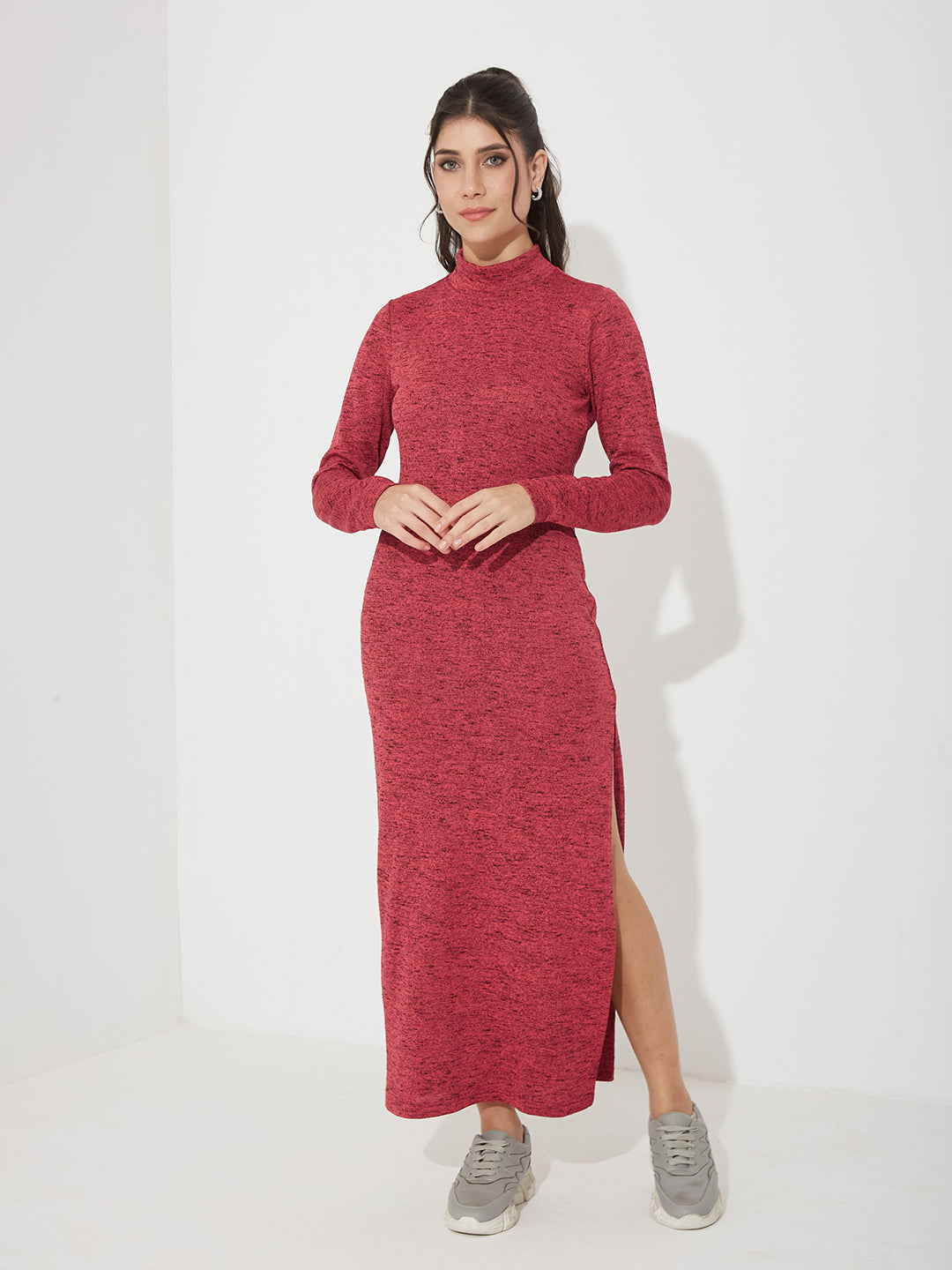 Maroon Mock Neck Full Sleeve Solid Bodycon Maxi Cotton Dress for Women