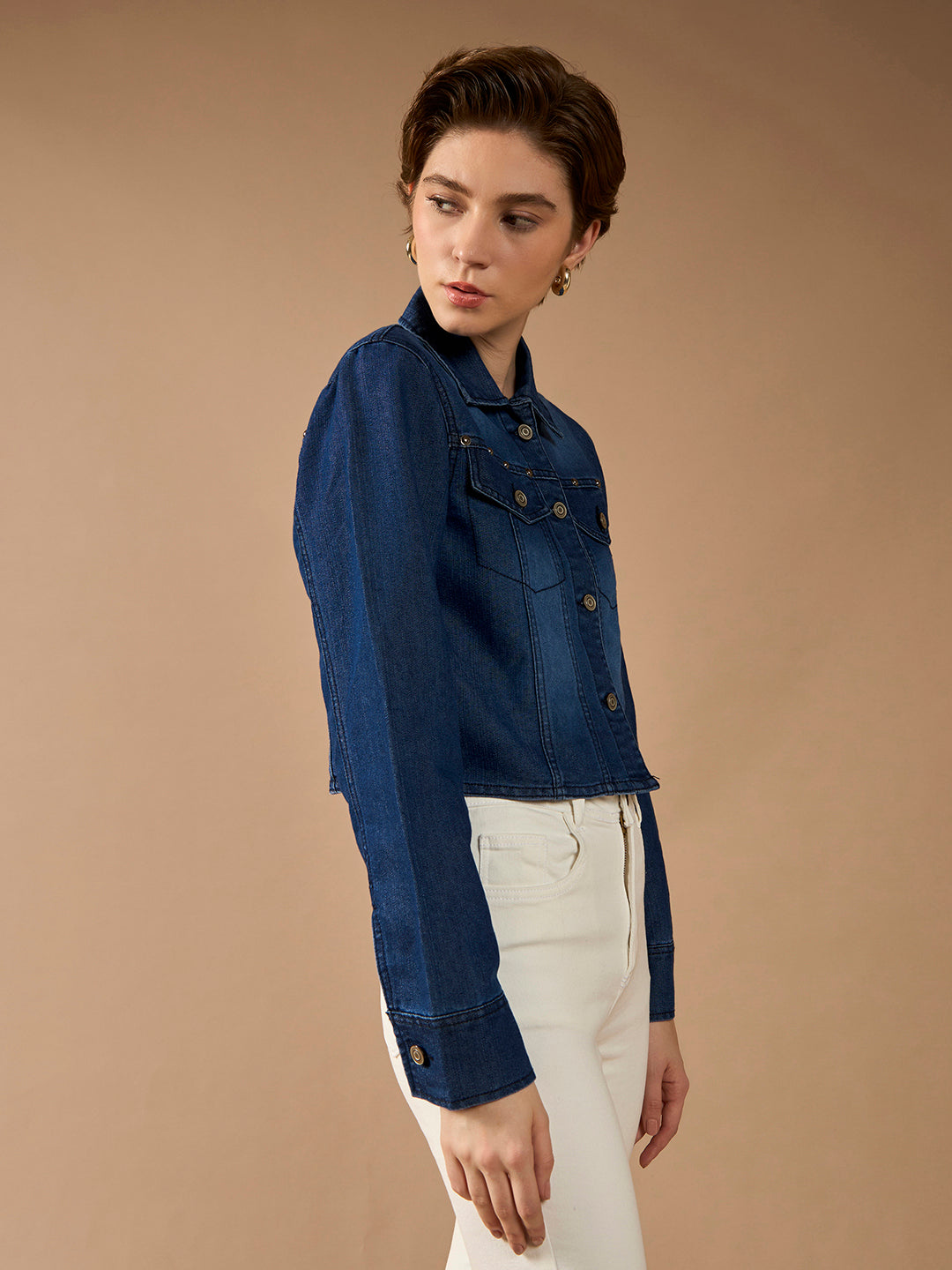 Women's Navy Blue Solid Polo Neck Full Sleeves Buttoned Denim Embellished Cropped Jacket