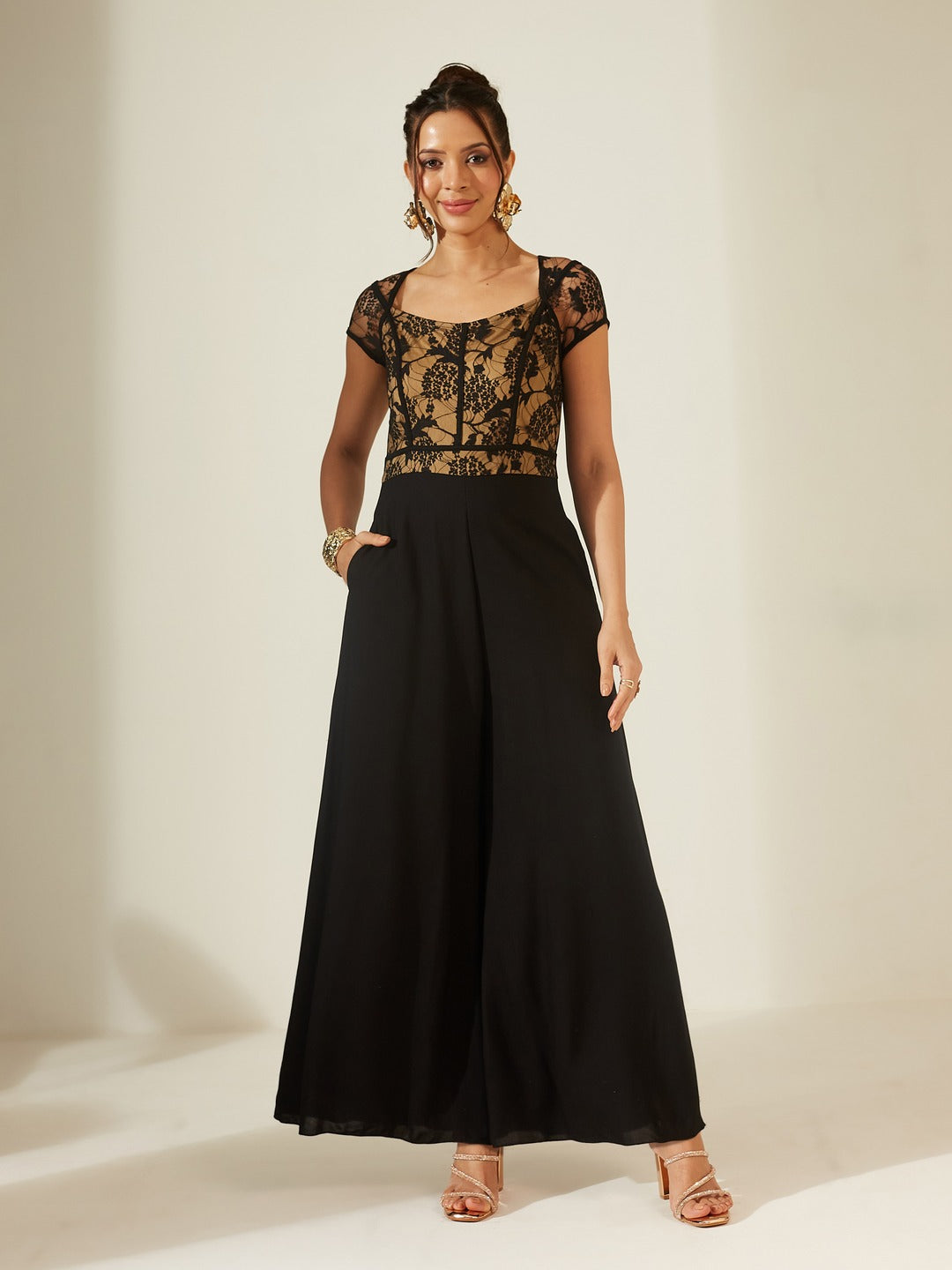 Black Sweetheart Neck Raglan Sleeve Floral Lace Overlaid Viscose-Rayon Regular Length Jumpsuit for Women