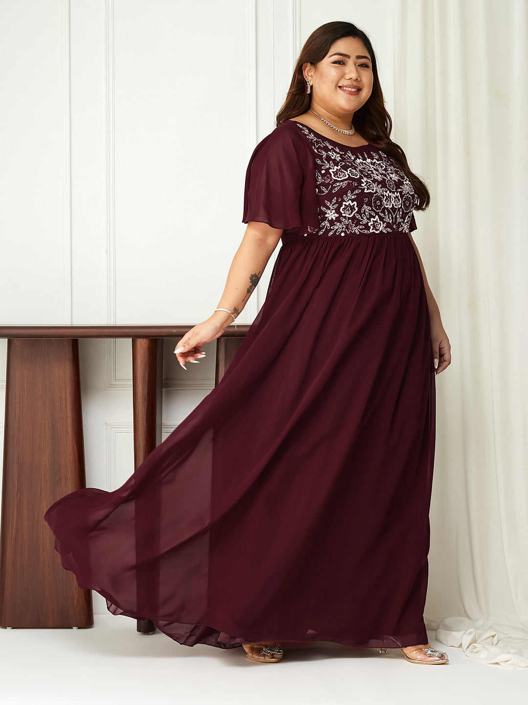 Body Bliss Wine Embellished Georgette Maxi Dress