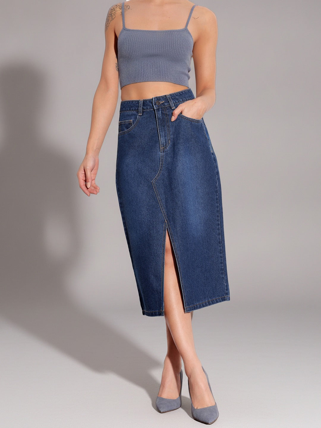 Dark Blue A-Line High-Rise Non-stretchable Denim Midi Skirt for Women