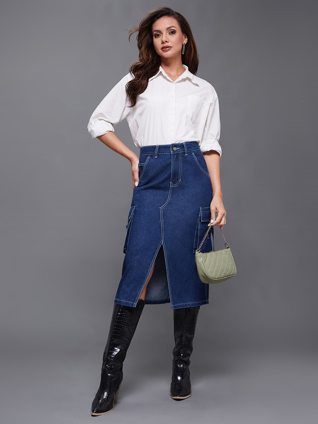 Women's Navy Blue Straight High-Rise Midi Cargo Denim Skirt