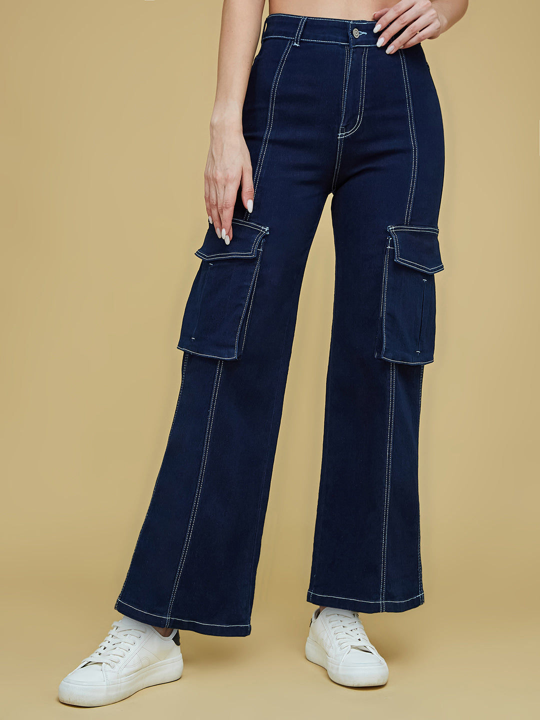 Women's Navy Blue Wide-Leg High-Rise Clean-Look Regular Stretchable Denim Jeans